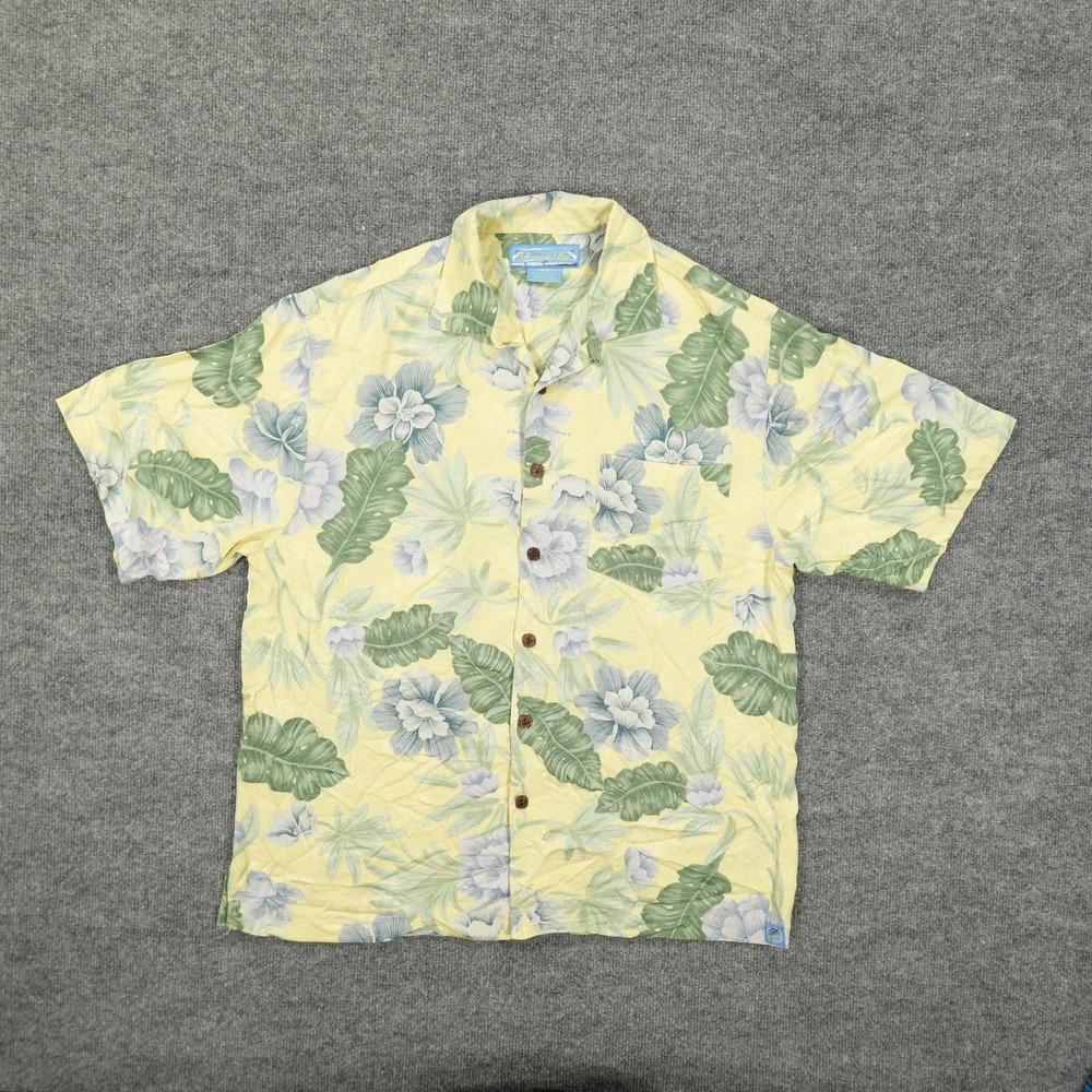 Bermuda Bay Shirt Mens Medium Yellow Silk Hawaiian Floral Button Front Aloha